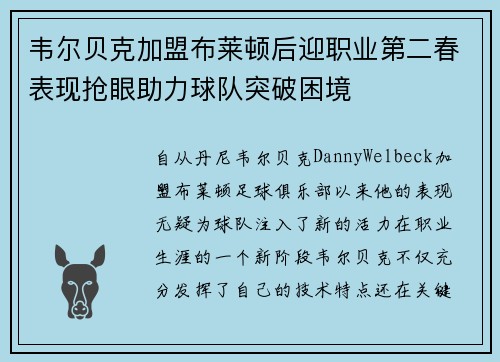 韦尔贝克加盟布莱顿后迎职业第二春表现抢眼助力球队突破困境